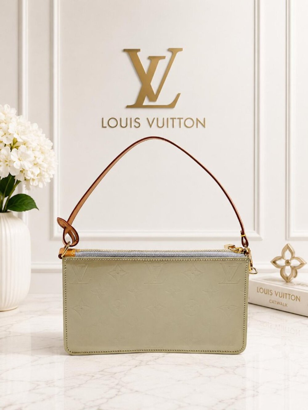 Authentic Louis Vuitton Fowler Monogram Mat Green Leather Pochette Shoulder Bag